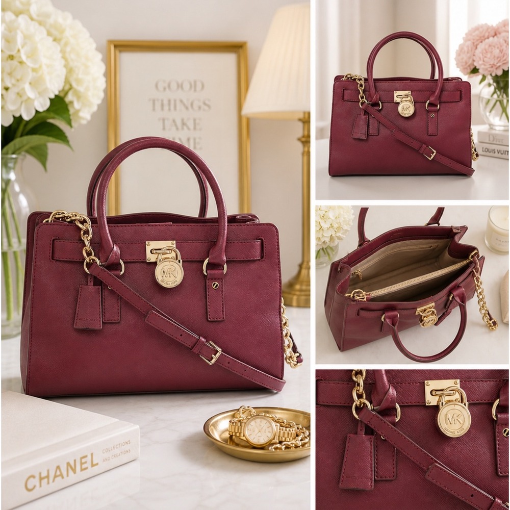 Michael Kors EastWest Hamilton Burgundy Leather Tote Satchel Handbag